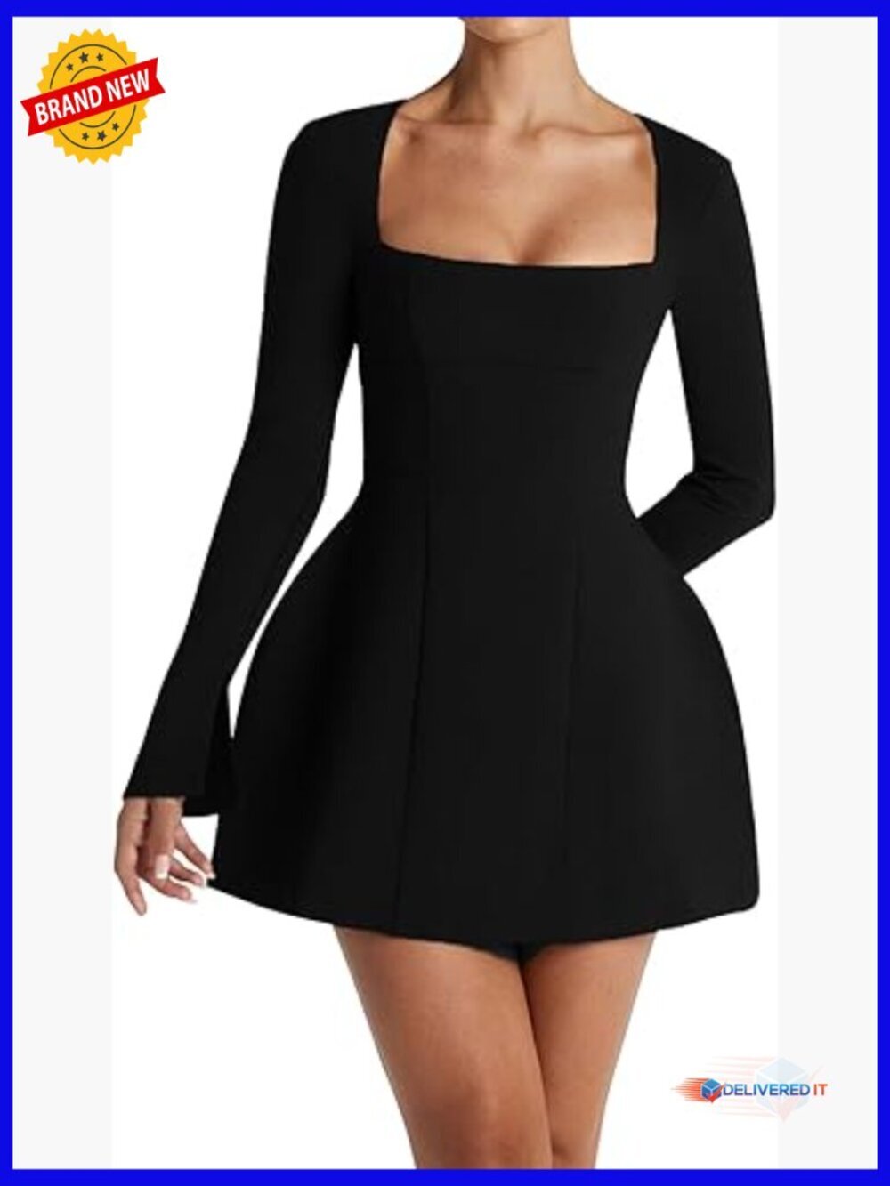 Long Sleeve Square Neck A-Line Mini Dress Fit Flare Cocktail Party